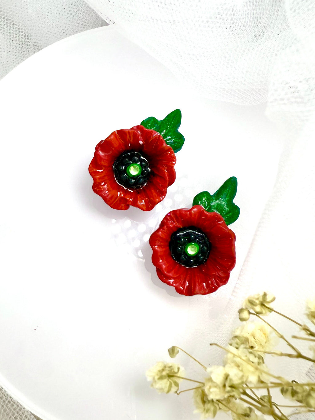 Classic Red & Green Mica Poppy Earrings
